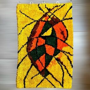 Mid Century Abstract Wall Hanging Latch Hook Shag Rug Modern Art Fish 1970s Mod